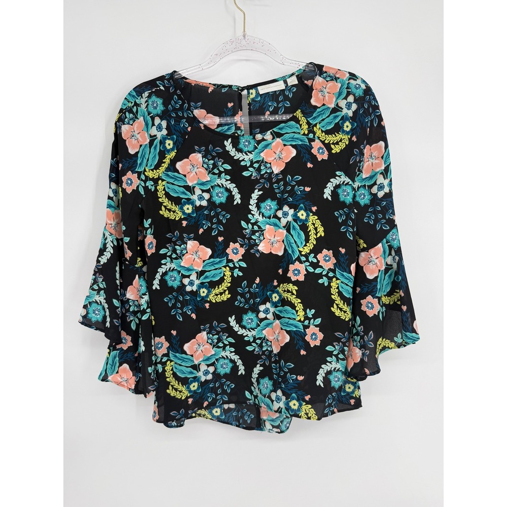 New York & Company Floral Bell Sleeve Blouse Black Teal Coral Sz XS